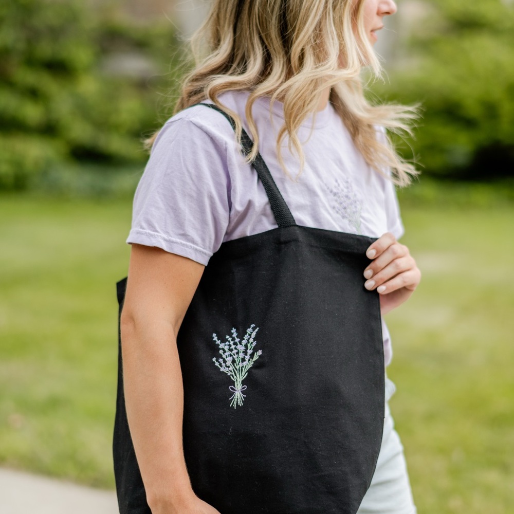 Elegant Black Tote Bag with embroidered Lavendar Design
